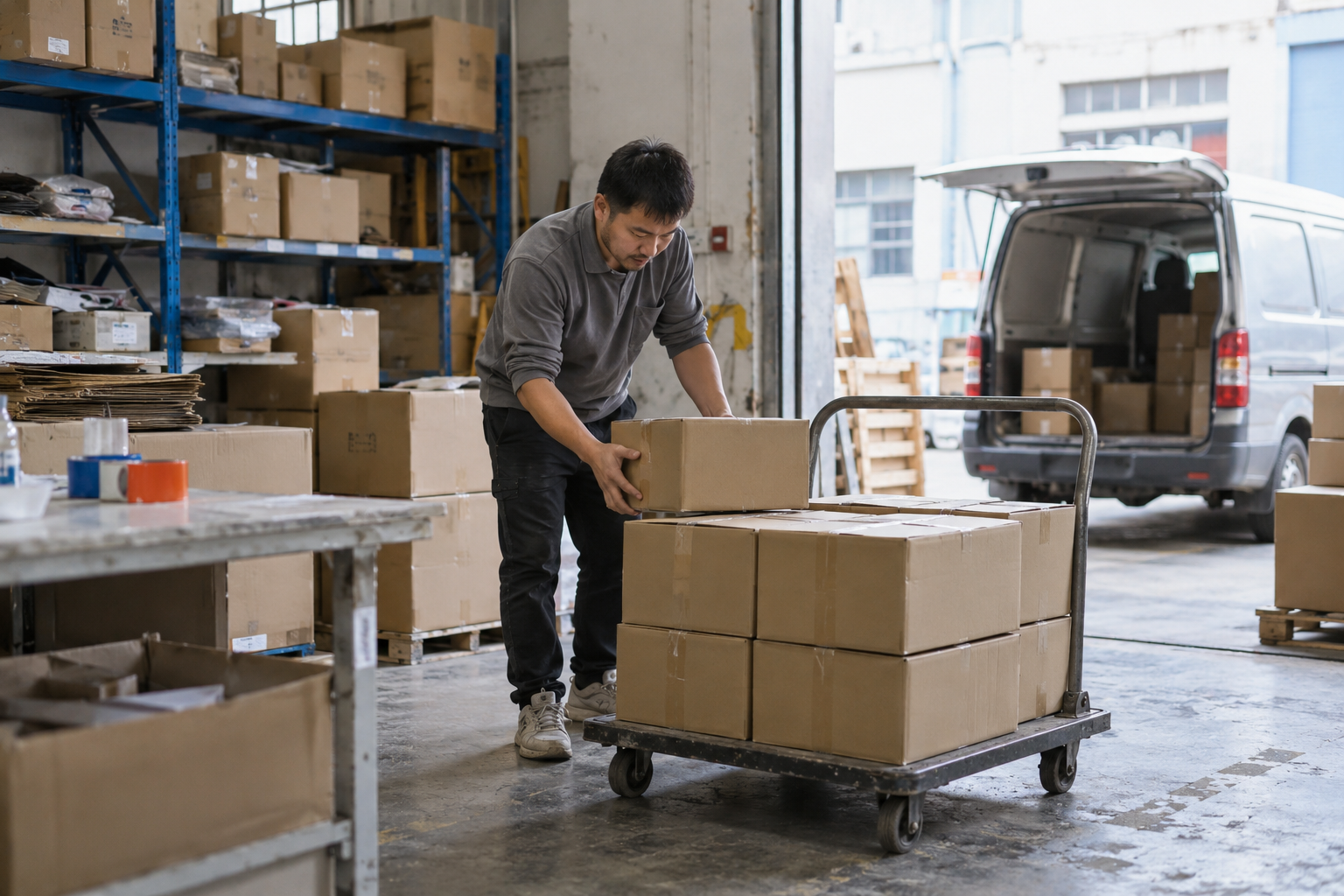 Illustrative scene of cartons being moved toward a delivery van