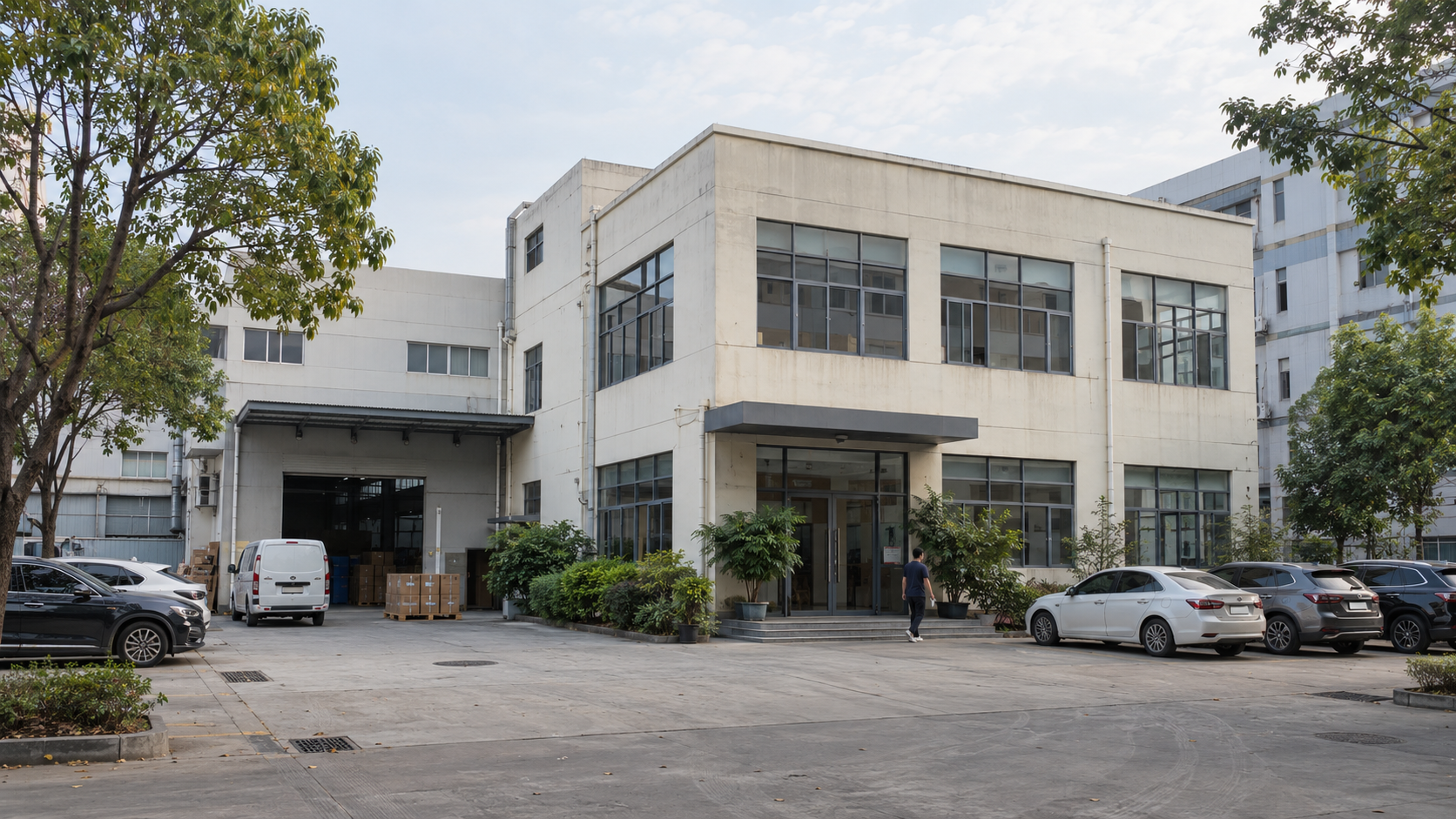 Illustrative exterior scene of an office and stock building