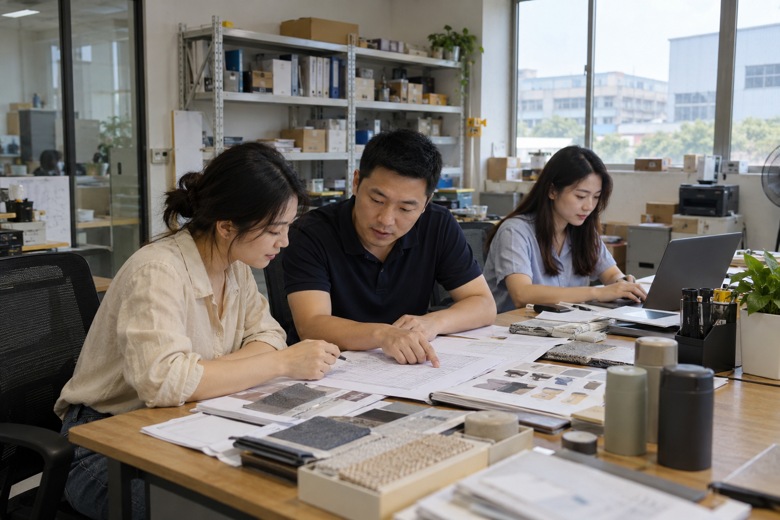 Illustrative office scene of people reviewing an inventory sheet