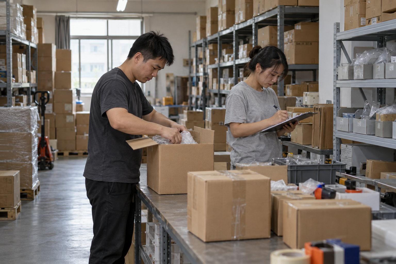 Illustrative scene of two people checking cartons and a pick list