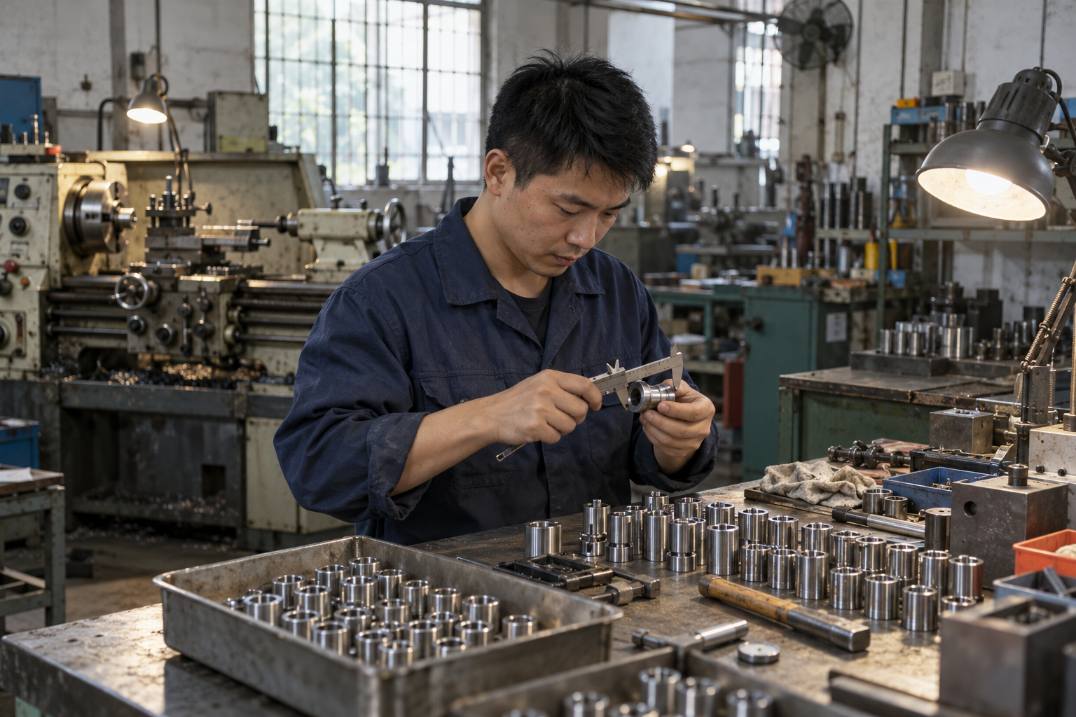 Illustrative scene of a technician checking a metal component at a workbench