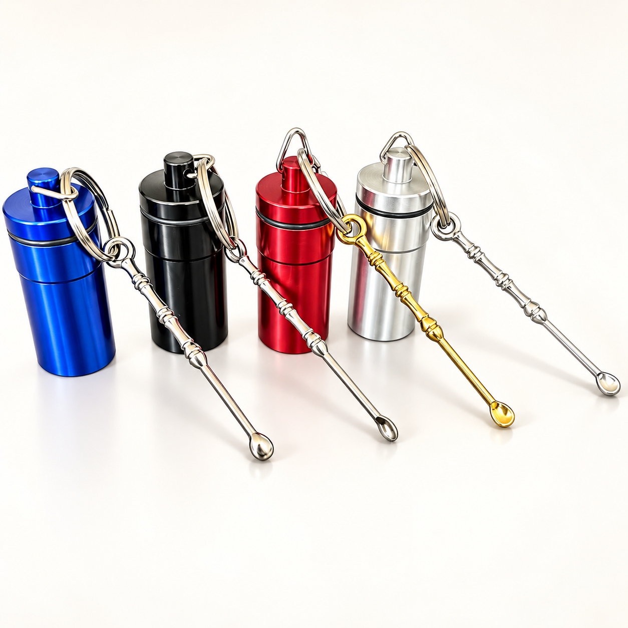 Colored metal snuff containers with spoons